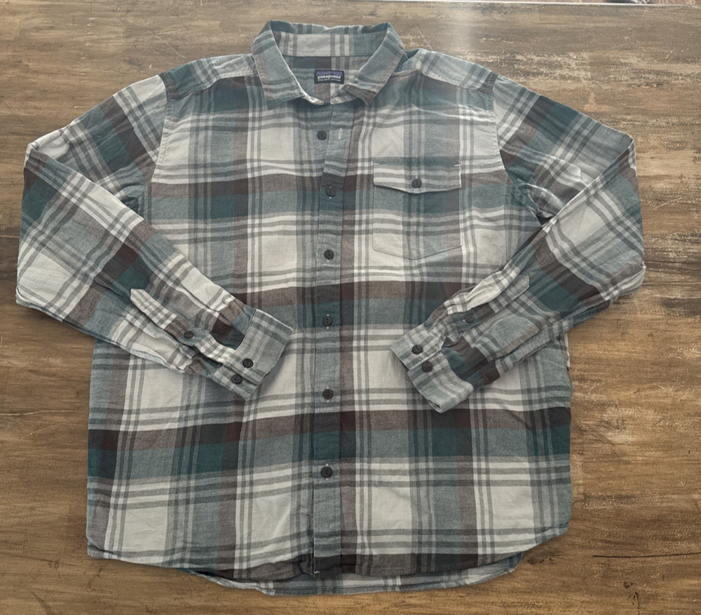 Patagonia Fjord Flannel Shirt Organic Cotton Plaid Teal Brown Men's XL 54020